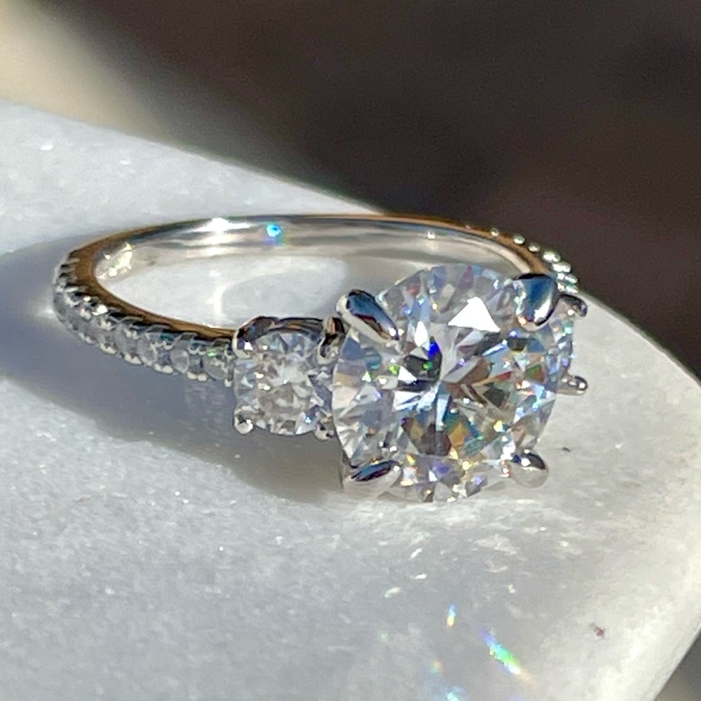 DEPOSIT- for Romantic 3.5tcw (D, VVS1) 3 Stone Moissanite Ring with pave - Picture 5 of 13